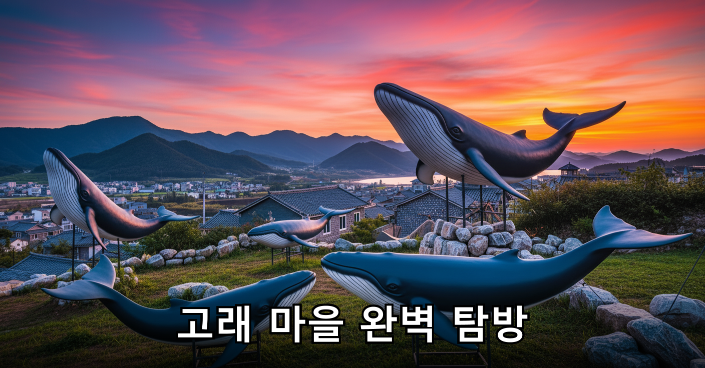 역동적인 고래 조형물이 가득한 마을 풍경