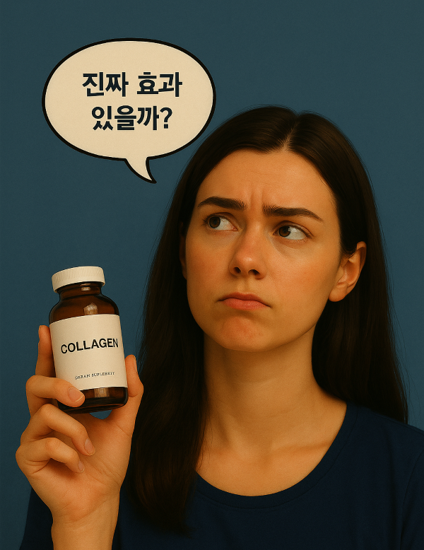 콜라겐 보충제를 들고 효과에 대해 의심하는 듯한 표정을 짓고 있는 여성의 모습, 먹는 뷰티의 진짜 효능에 대한 궁금증을 나타냄