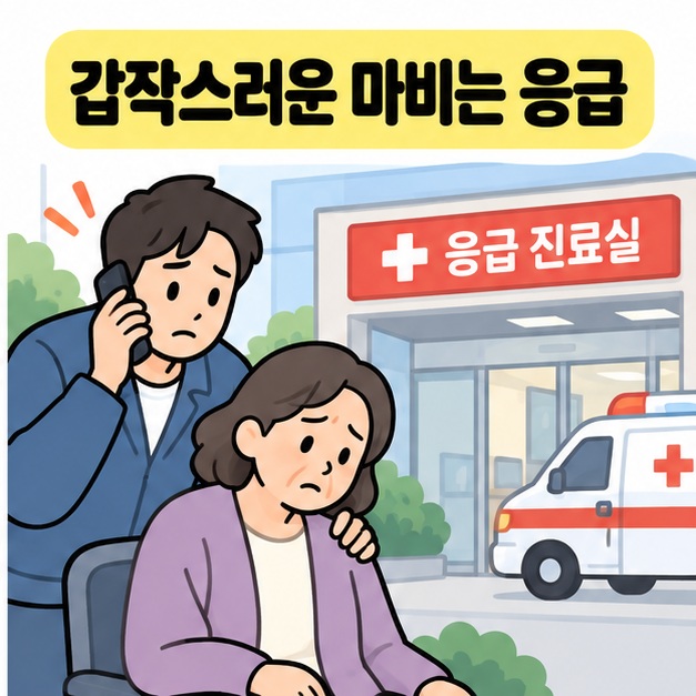 갑작스러운 마비는 응급이라는 문구 아래 응급 진료실 앞에서 보호자가 몸이 불편한 사람을 지지하며 전화로 도움을 요청하는 그림