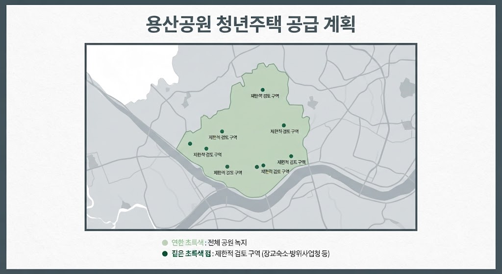 차분한 그린 및 그레이 톤의 서울 지도 배경 위에 연한 초록색으로 강조된 용산공원 영역과, 그 내부에 '제한적 검토 구역'으로 표시된 짙은 초록색 점들이 배치되어 있는 미니멀 지도 인포그래픽 이미지