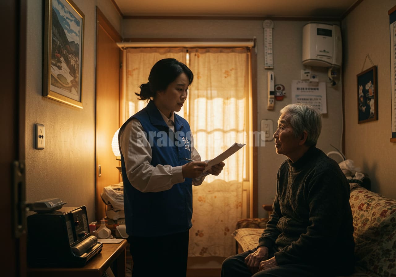 한국 사회복지사가 혼자 사는 고령 노인을 방문하여 돌봄 상태를 점검하고 있는 장면. 체크리스트를 들고 대화를 나누는 모습이며, 소형 아파트 내부가 생활감 있게 가득 채워진 따뜻한 돌봄 현장.