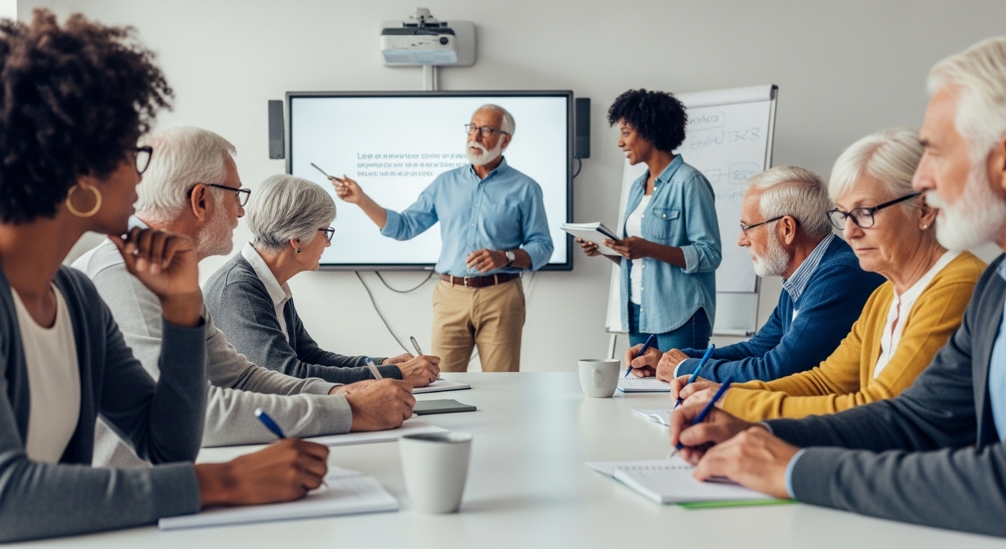 활기찬 시니어들이 강사의 설명을 들으며 적극적으로 토론하고 배우는 강의실 풍경입니다.