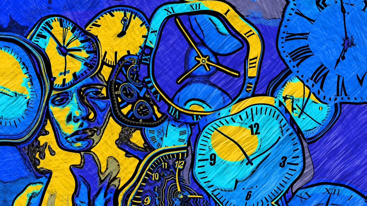 부정적 사고 패턴을 가진 사람이 시계 형상을 한 스트레스에 짓눌리는 그림