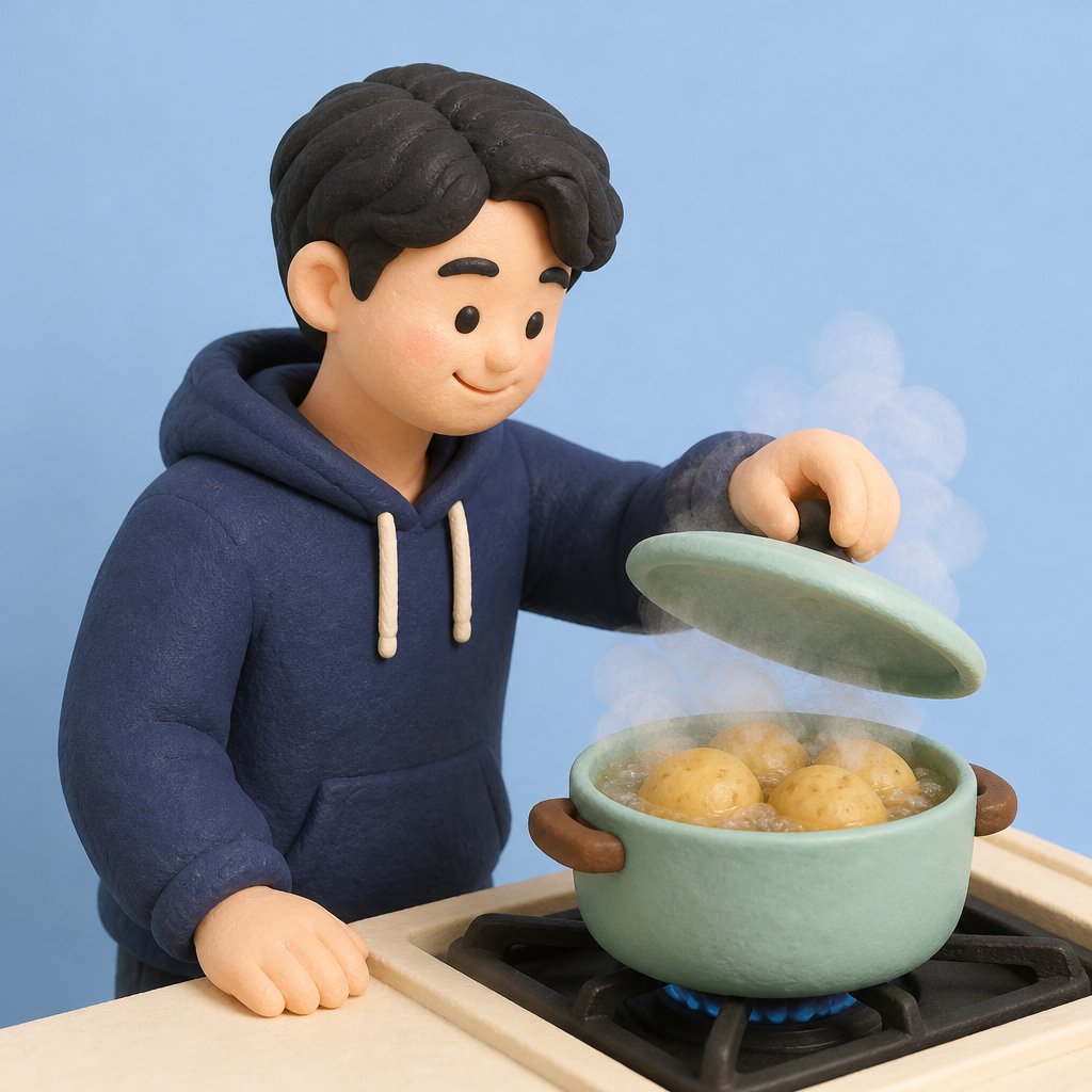 가스레인지 냄비에서 감자를 삶으며 뚜껑을 여는 30대 남성