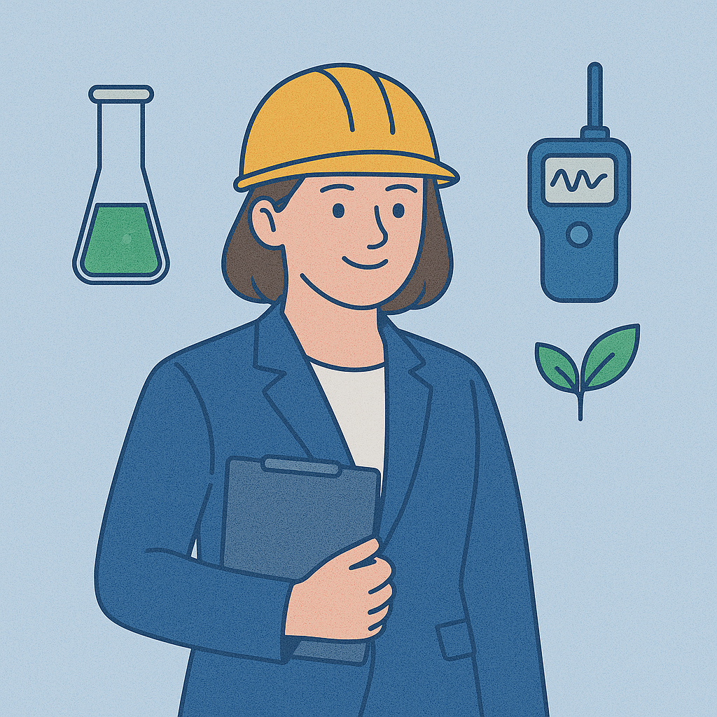 노란 안전모와 정장을 착용한 여성 산업위생관리기사가 클립보드를 들고 있으며, 주변에 시험관, 공기질 측정기, 초록 잎사귀 아이콘이 함께 있는 산업안전 관련 일러스트