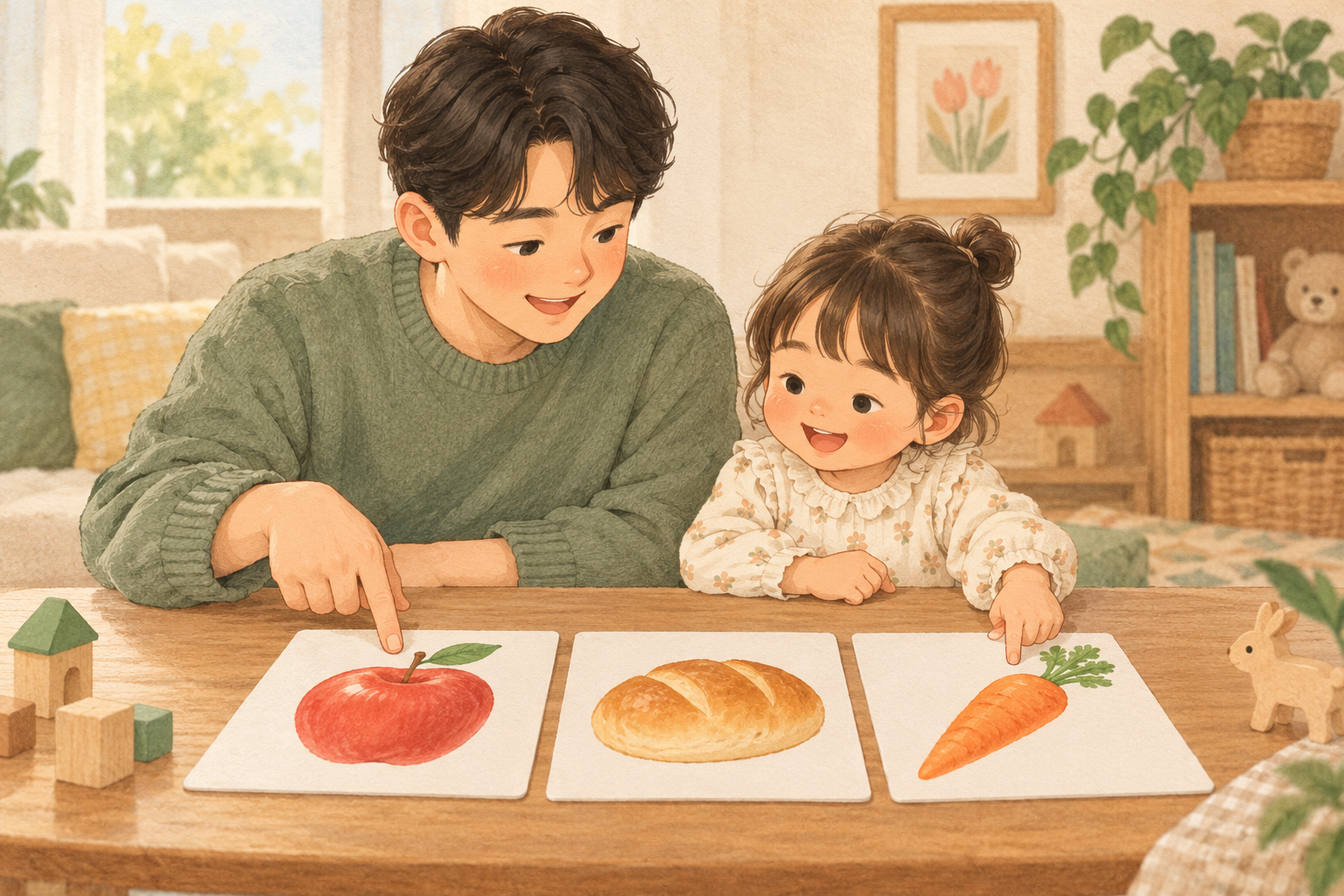 아빠와 아이가 사과 빵 당근 그림 카드를 함께 보는 모습