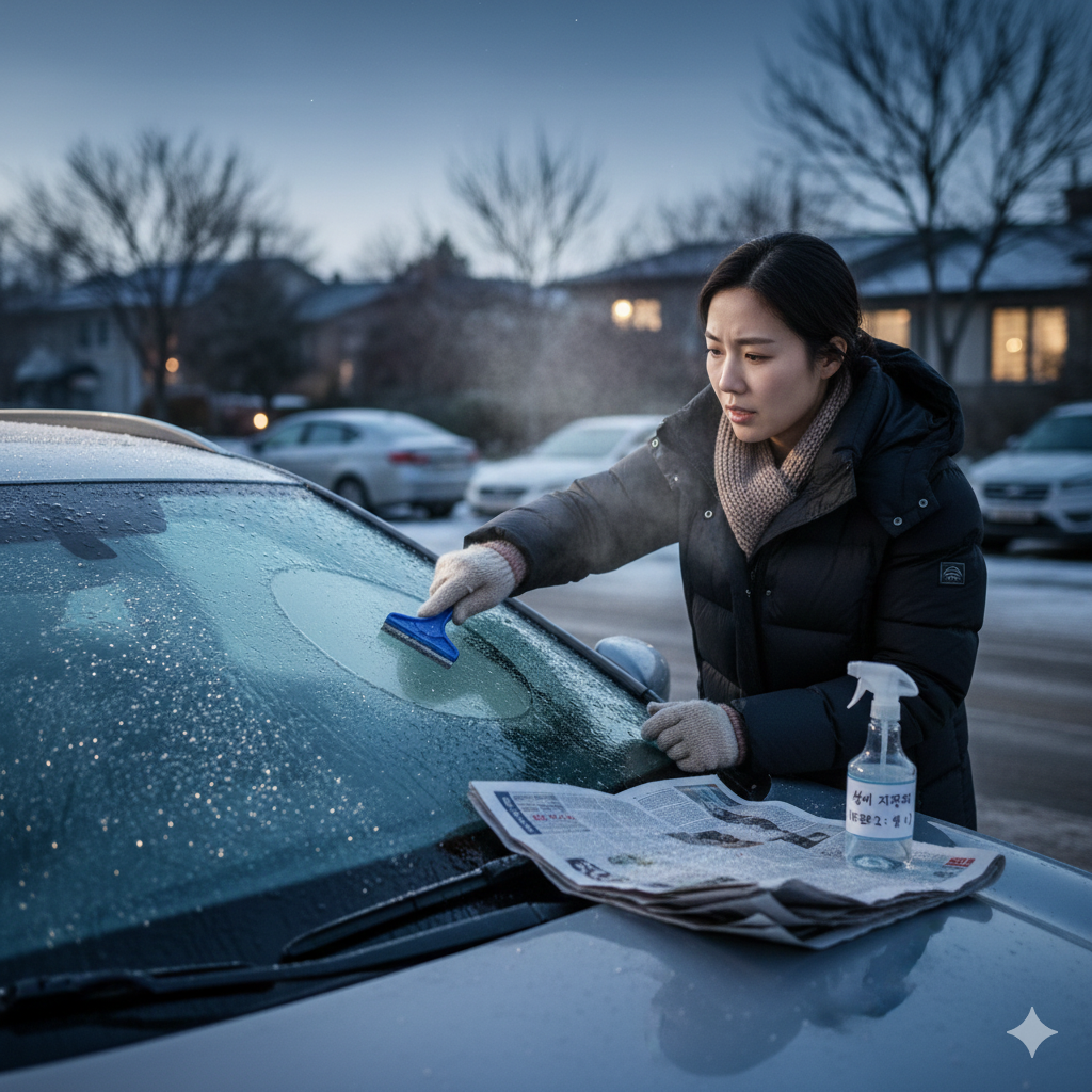 얼어버린 자동차 유리창의 성에를 제거하는 모습