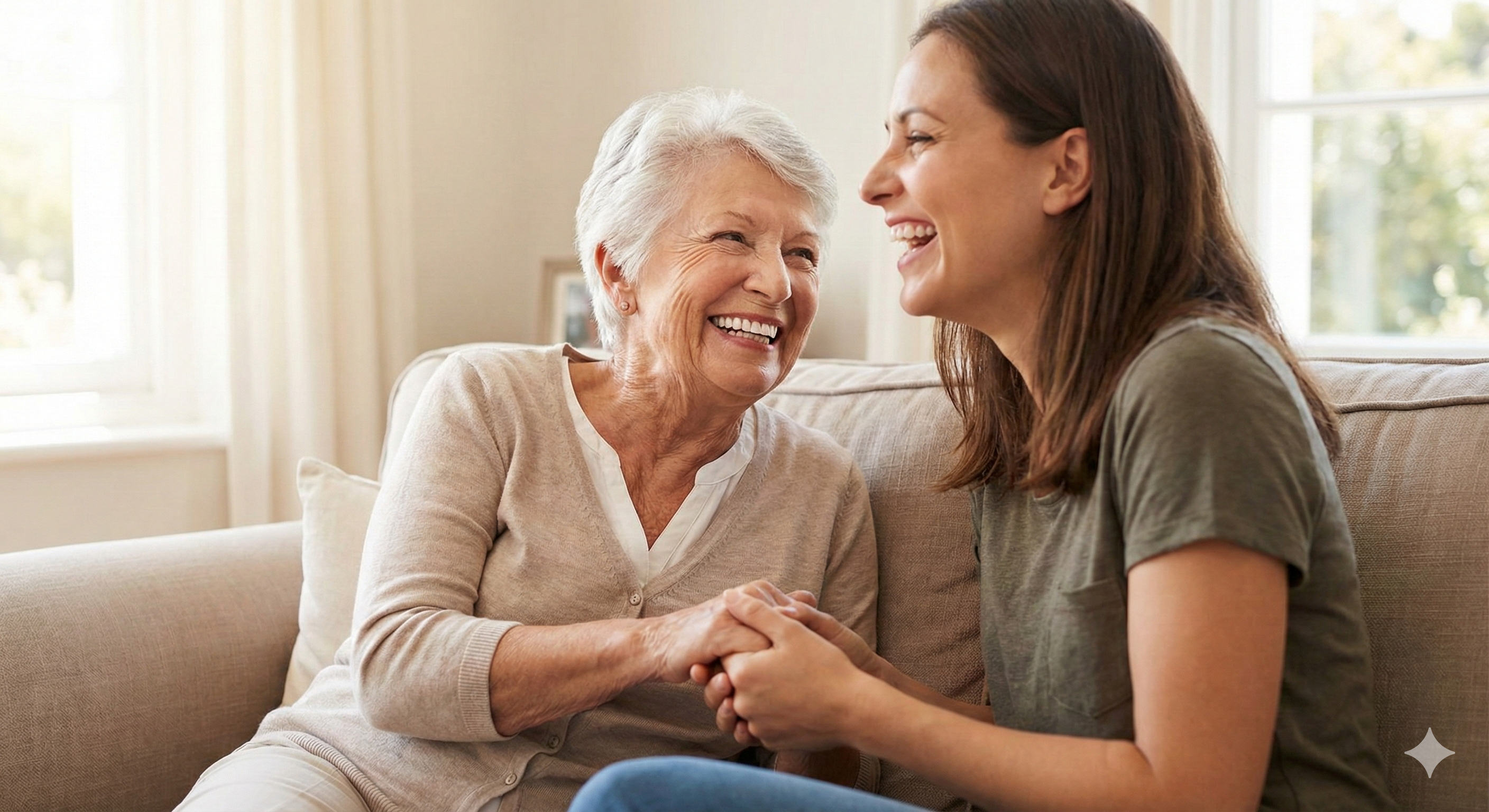 치료 후 건강한 건치 미소를 지으며 자녀의 손을 잡고 행복해하는 부모님의 모습
