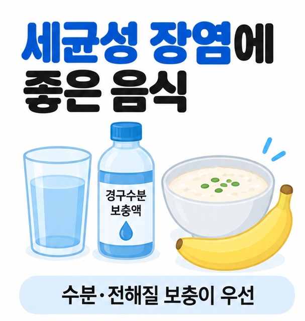 물 경구수분보충액 죽 바나나 아이콘을 중심으로 세균성 장염에 좋은 음식 문구를 보여주는 대표 카드뉴스 이미지