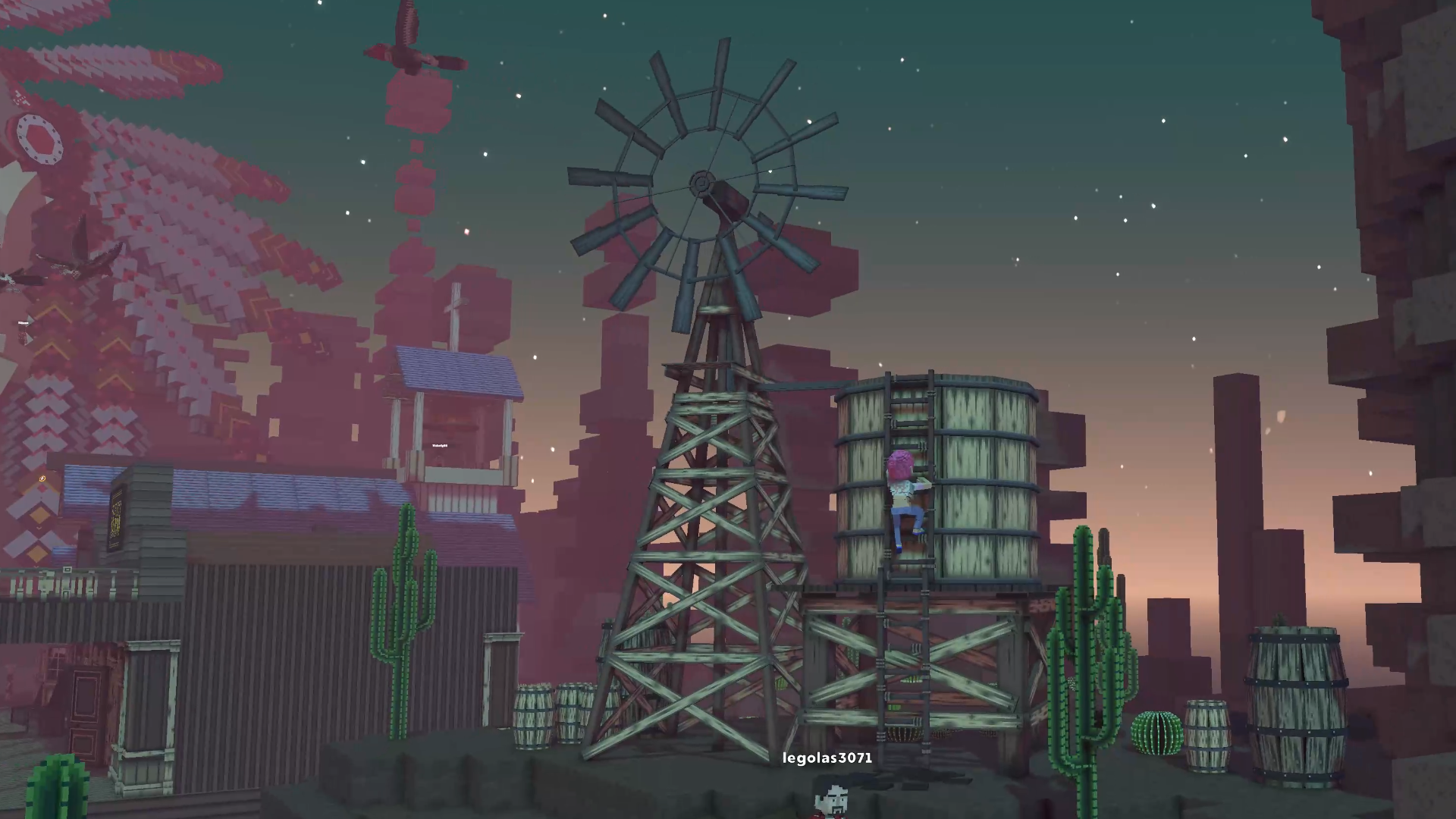 마을의 물탱크에 있는 사다리로 기어올라가고 있다.