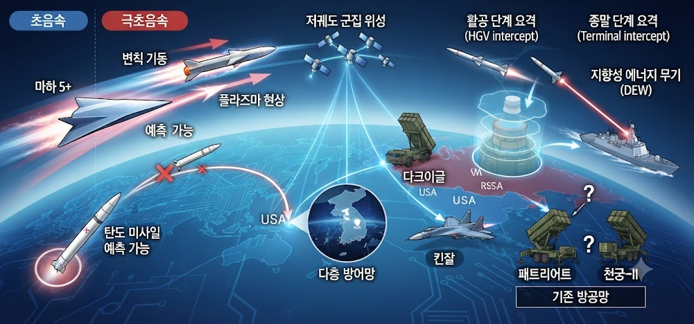 마하 5 이상의 속도로 비행하는 극초음속 미사일의 변칙 궤도 기동과, 이를 방어하기 위한 저궤도 군집위성, 활공 단계 요격 및 다층 방어망 체계를 시각화한 일러스트
