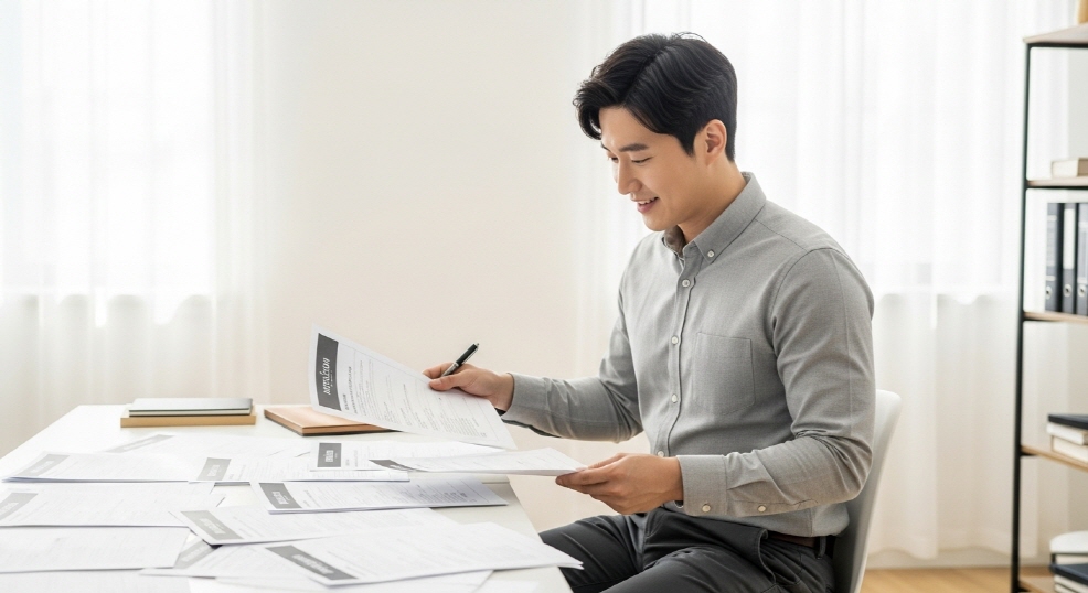책상 위에 서류를 펼쳐놓고 확인하는 한국인 남성