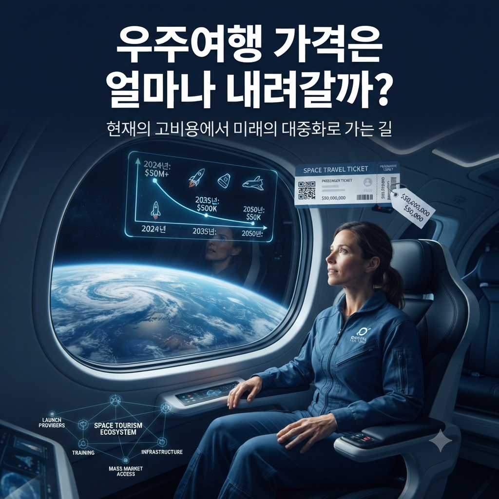 지구를 바라보는 우주관광객과 미래의 상업 우주비행을 표현한 이미지