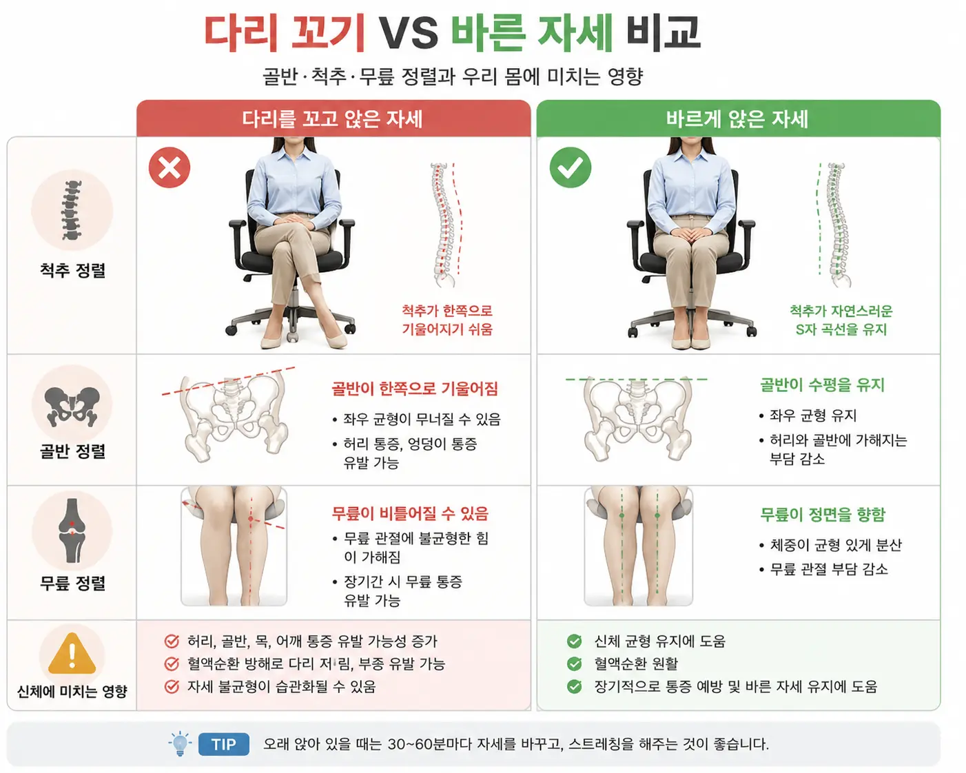 다리 꼬기 자세와 바른 자세 비교 인포그래피