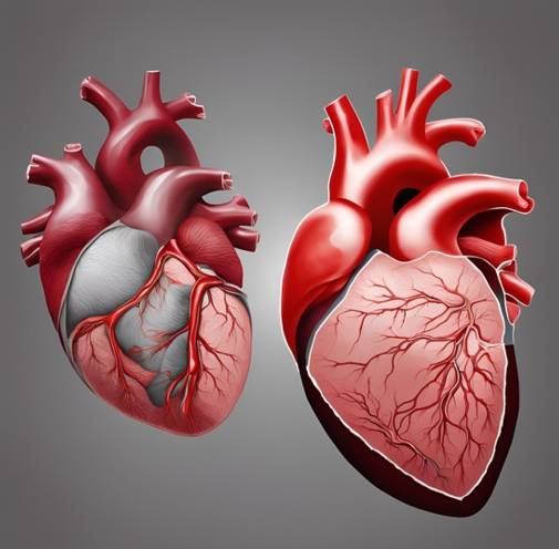 정상 심장과 심근경색이 발생한 심장의 비교 일러스트레이션. 막힌 관상동맥과 그로 인해 손상된 심장 근육 부위가 강조되어 있습니다.