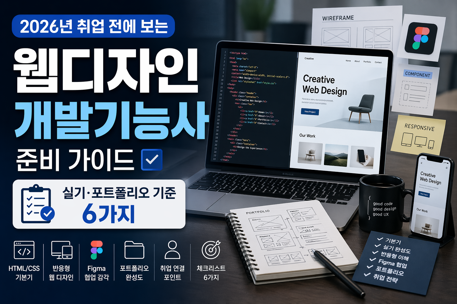 웹디자인 개발기능사 실기와 포트폴리오 준비를 설명하는 노트북 UI와 코드 화면 썸네일