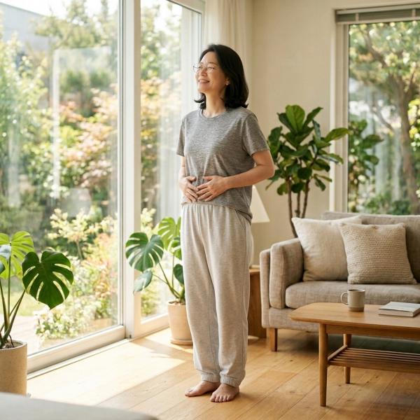 편안한 복장으로 거실 창가에 서서 밝은 미소를 지으며, 건강해진 몸 상태를 느끼듯 배에 손을 올리고 있는 중년 여성
