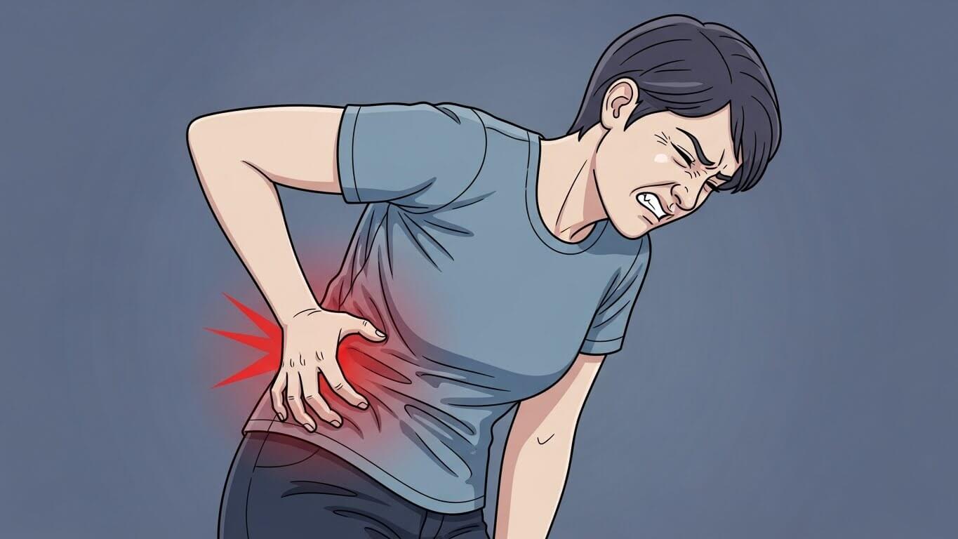 왼쪽 옆구리 통증을 느끼며 몸을 구부린 사람의 일러스트, 근육통 또는 신장 질환 가능성을 표현한 그림