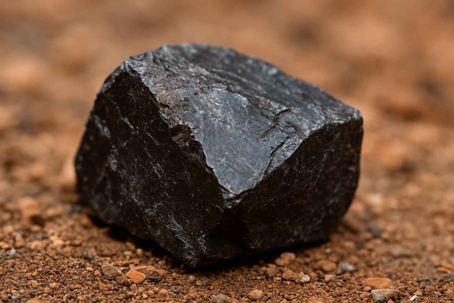 붉은 흙 위에 놓인 자철광 원석의 실사 스타일 이미지, 검고 광택 있는 표면이 자연 채광에 반사되는 모습