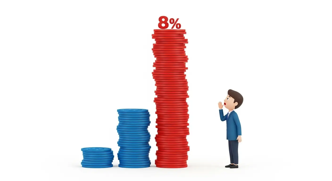 취득세 고지서를 보고 놀라는 사람과 8퍼센트와 1퍼센트의 세율 차이를 보여주는 그래프 이미지