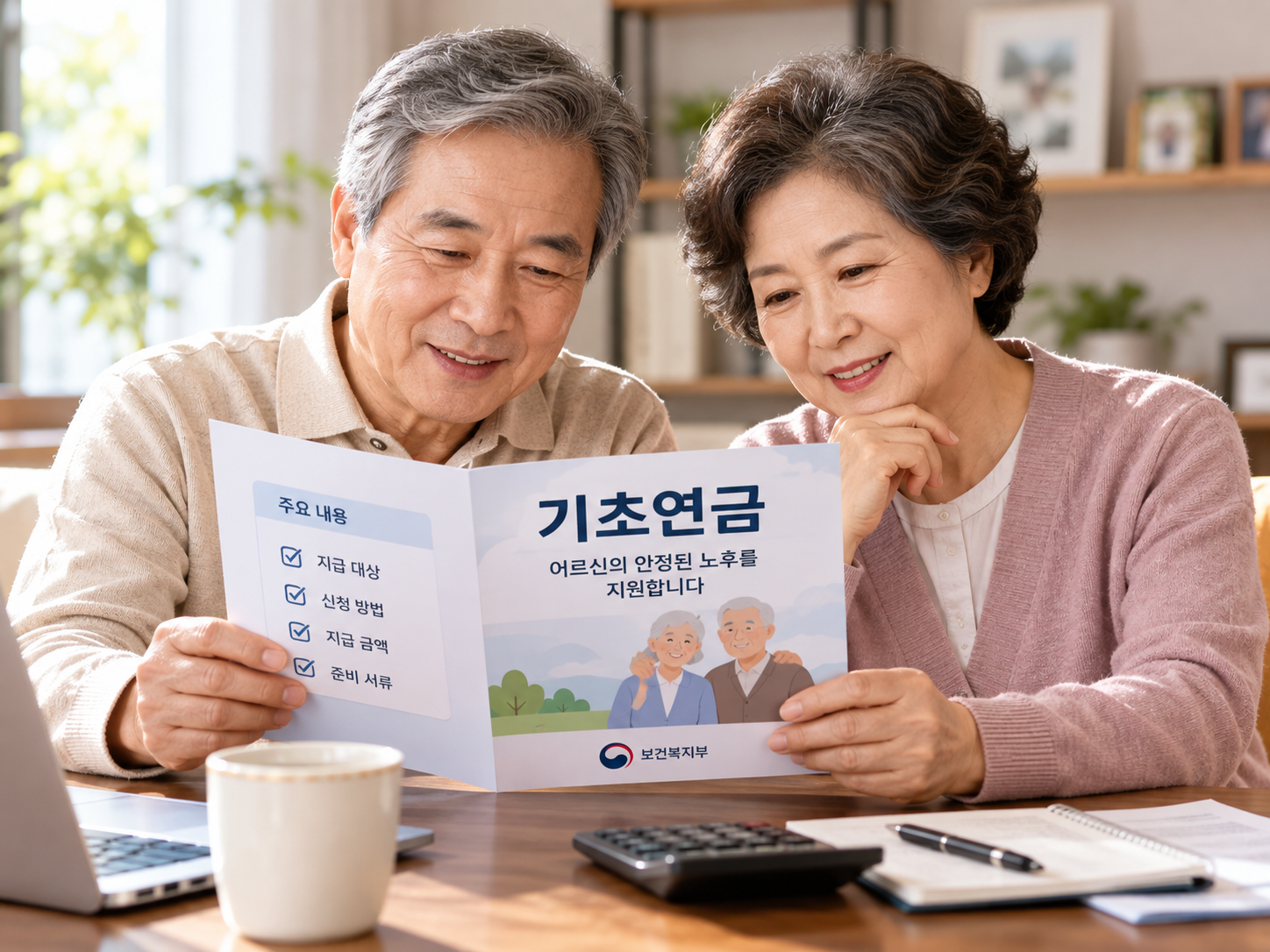 기초연금 안내문을 살펴보는 60대 후반 부부