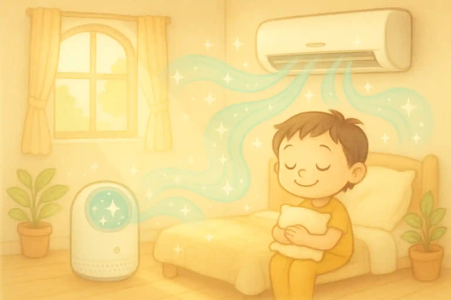팀 버튼 스타일 어린이 방에서 에어컨과 공기청정기가 맑은 공기를 내뿜는 따뜻한 감성 일러스트
