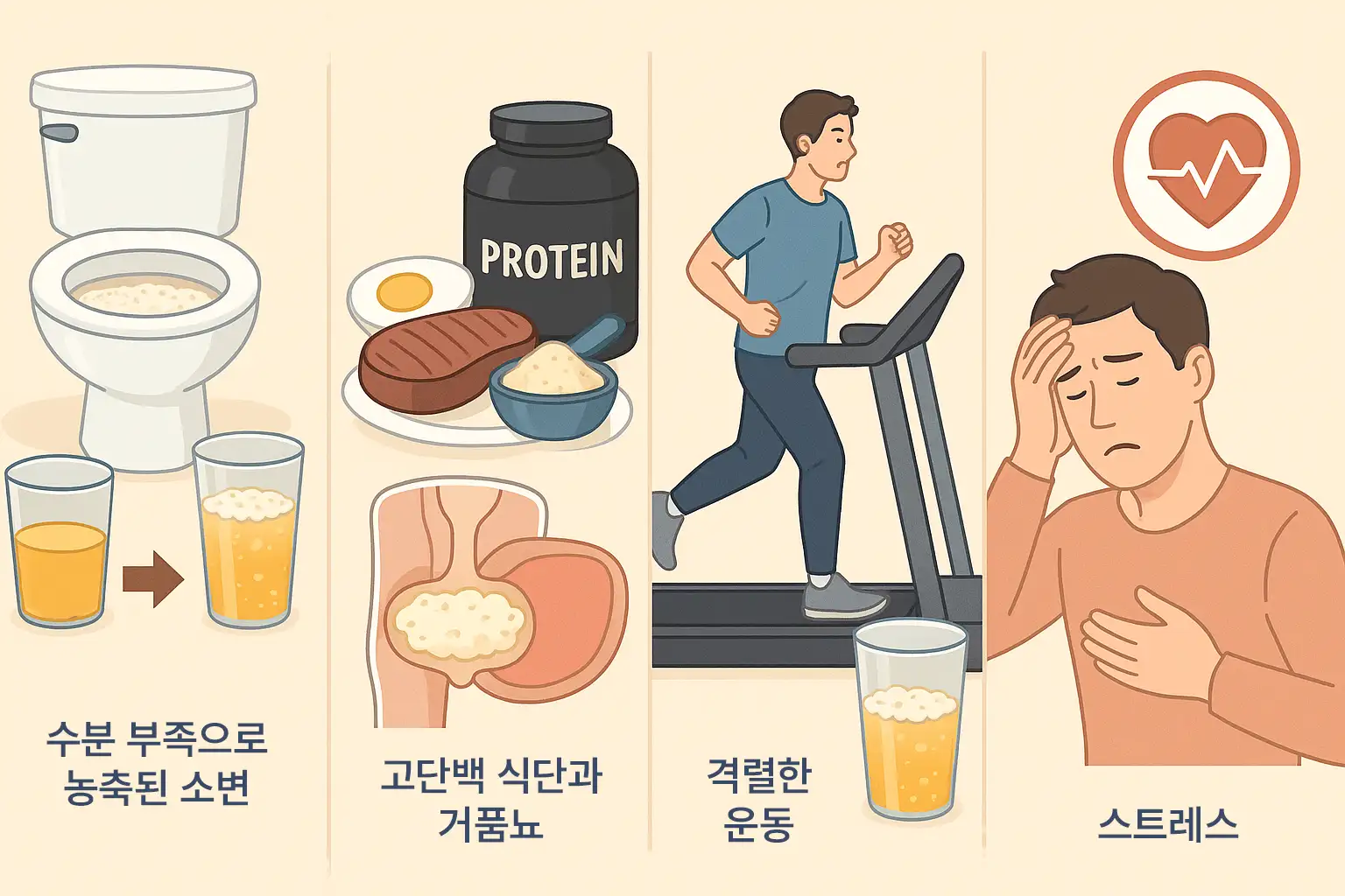 수분 부족으로 농축된 소변, 고단백 식단(고기, 달걀, 단백질 보충제)과 거품뇨의 관계, 격렬한 운동 후 색이 진하고 거품이 생긴 소변, 스트레스로 혈압이 상승하는 장면
