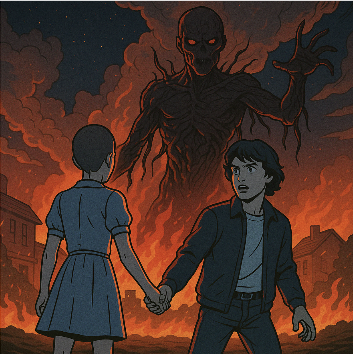 넷플릭스 기묘한 이야기 시즌 5 결말 예상 스토리 괴물과 불타는 집을 바라보고 있는 일레븐과 손잡고 있는 등장인물