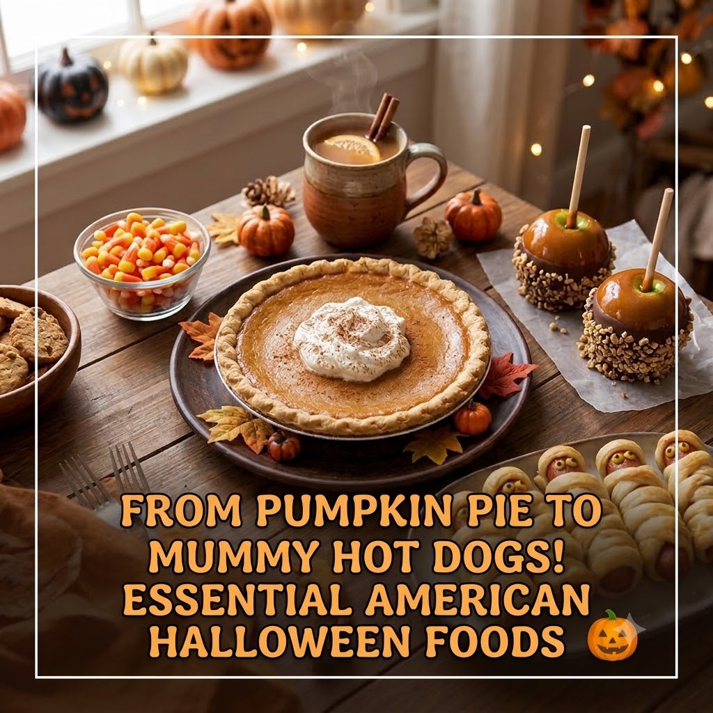 A blog thumbnail featuring a table set with various Halloween treats like pumpkin pie, caramel apples, and mummy hot dogs, with text reading 'From Pumpkin Pie to Mummy Hot Dogs! American Halloween Foods'.