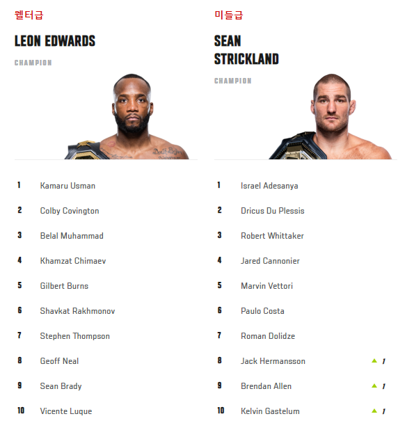 웰터급, 미들급 순위