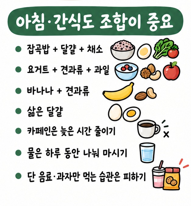 아침과 간식을 탄수화물과 단백질로 구성하고 카페인과 단 음료를 줄이는 방법을 보여주는 카드