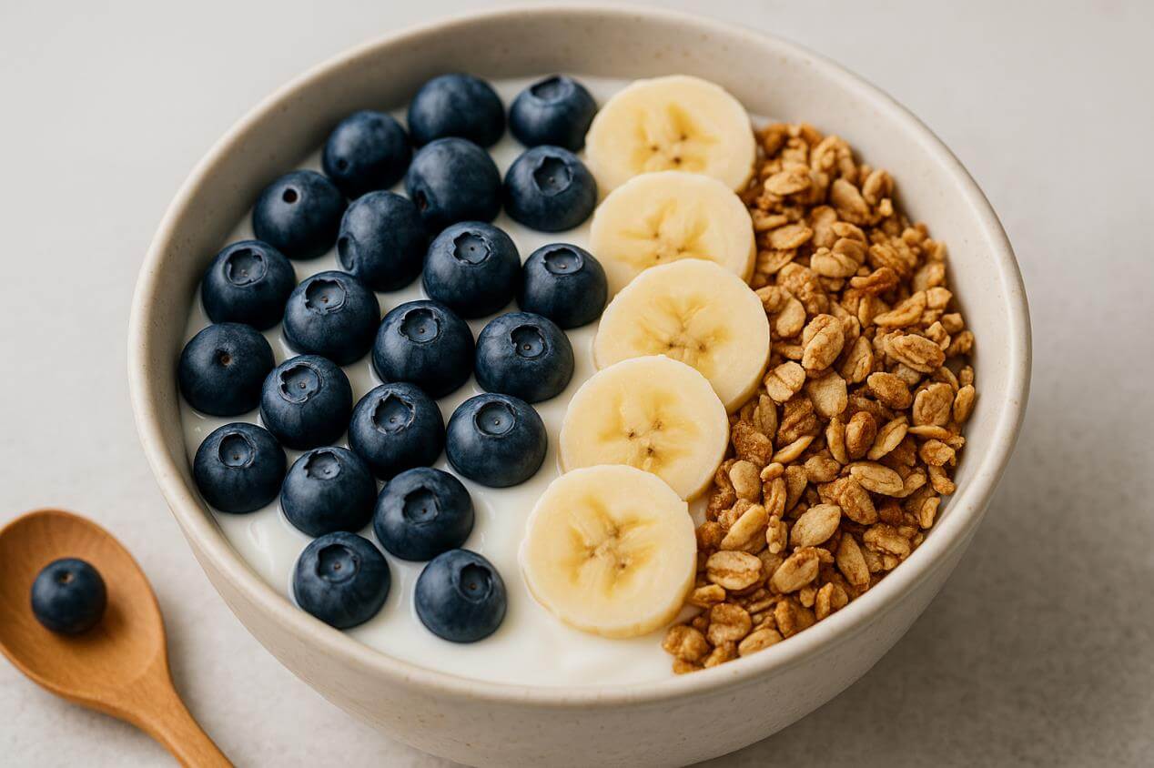 블루베리, 바나나, 그래놀라를 올린 요거트 보울의 클로즈업 모습.