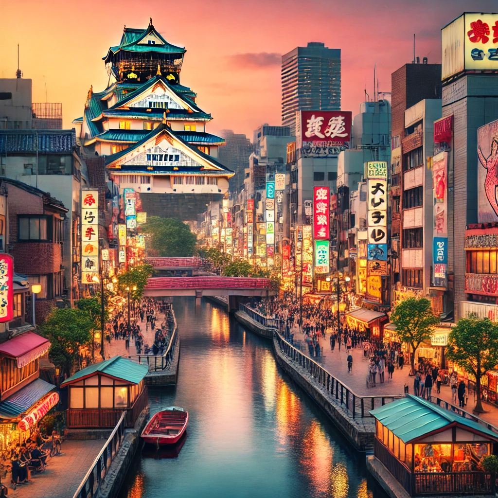 오사카의 해질녘 도시 풍경, 오사카 성과 네온사인으로 가득한 거리, 도톤보리 운하가 저녁 불빛을 반사하며 활기찬 분위기를 느낄 수 있는 장면