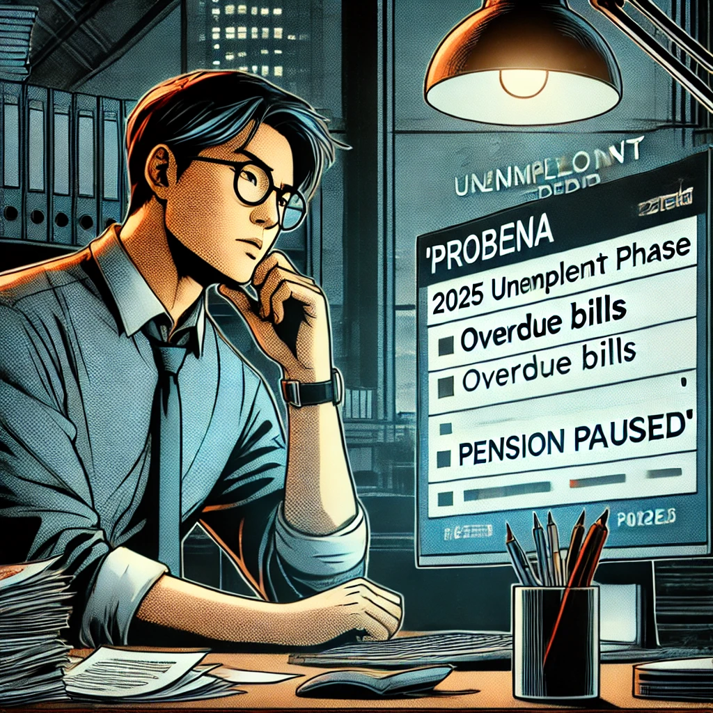 실직 후 국민연금 납부 중단으로 걱정하는 남성, 컴퓨터 화면에 연금 중단 알림이 표시됨