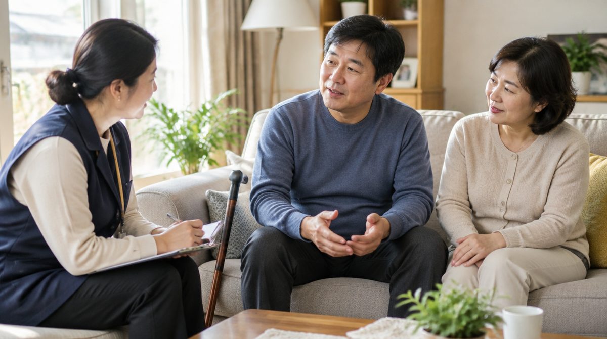 장기요양 방문조사를 받는 40대 편마비 환자