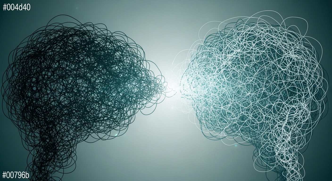 복잡하고 엉킨 생각이 점차 명확하고 논리적인 사고로 정리되는 과정을 표현한 추상적인 이미지