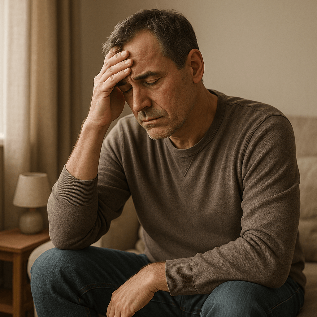 어느 50대 중년 남성이 갱년기로 무기력한 모습