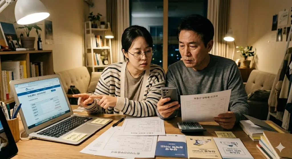 준비 없는 상속으로 인한 아파트 및 부동산 상속세 세금 폭탄을 피하기 위해 면제 한도를 확인하는 모습