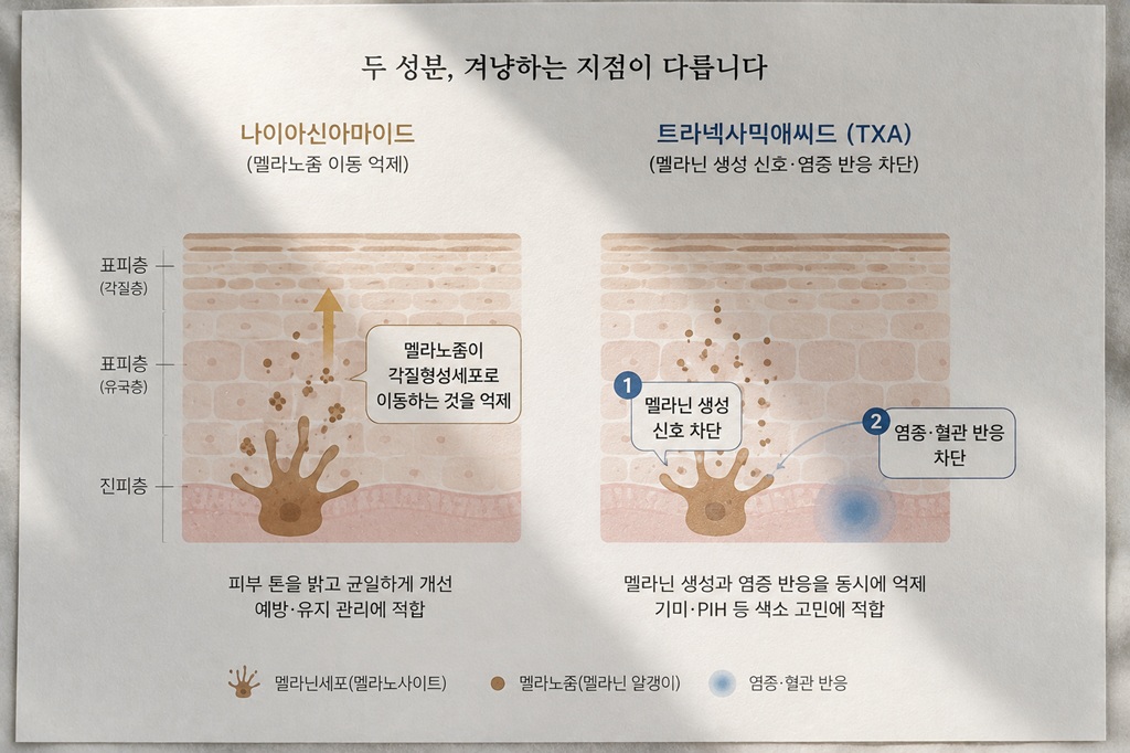 나이아신아마이드와 트라넥사믹애씨드의 색소 관리 작용 차이를 보여주는 피부 단면도