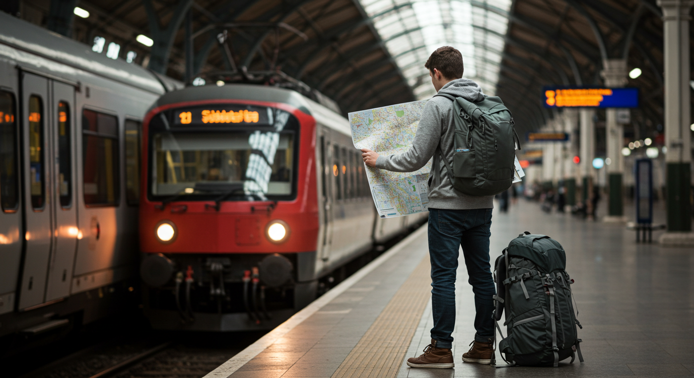 유럽 기차역 플랫폼에서 지도를 보며 다음 여행을 계획하고 있는 배낭여행객의 모습