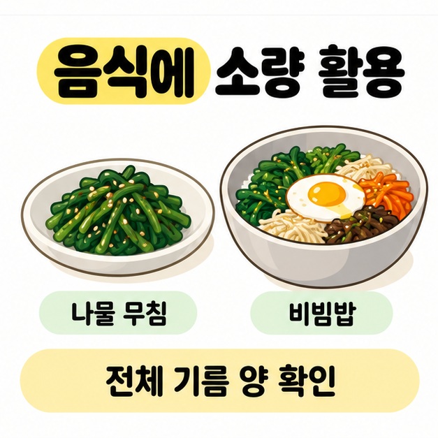 나물 무침과 비빔밥을 나란히 보여 주며 들기름을 음식에 소량 활용하고 전체 기름 양을 확인하도록 안내하는 그림
