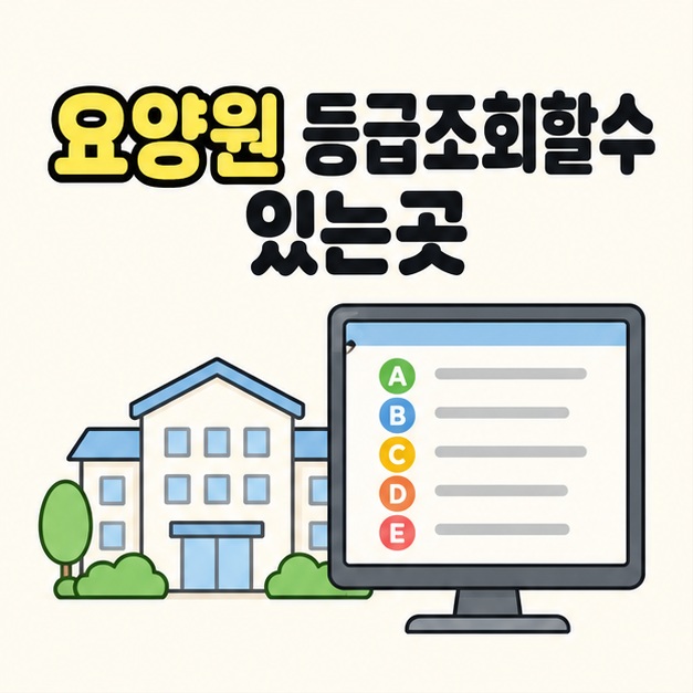 요양원 등급조회할수 있는곳이라는 제목 아래 요양원 건물과 A부터 E까지 평가등급을 표시한 컴퓨터 화면을 그린 대표 이미지