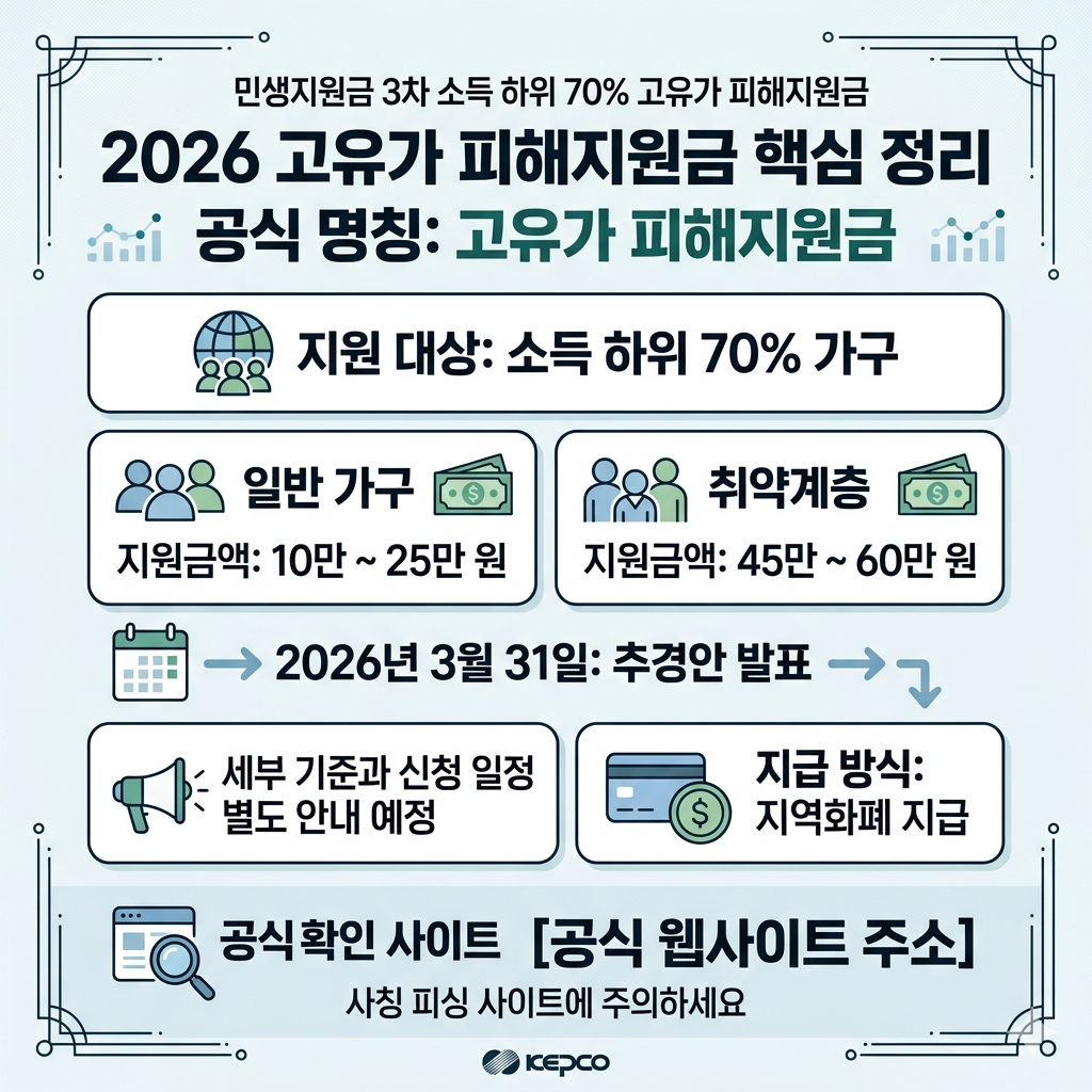 민생지원금 3차 소득 하위 70% 2026 고유가 피해지원금 대상·금액·신청시기 인포그래픽