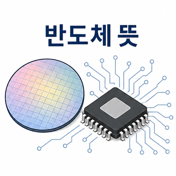 실리콘 웨이퍼와 반도체 칩을 이용해 전기의 흐름을 조절하는 반도체의 개념을 소개하는 그림
