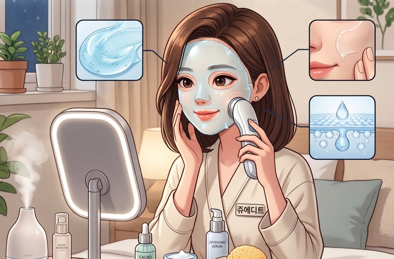 거울을 보며 홈케어 수분 마스크팩과 뷰티 디바이스를 사용하는 쥬에디트 캐릭터의 피부 관리 일러스트 이미지