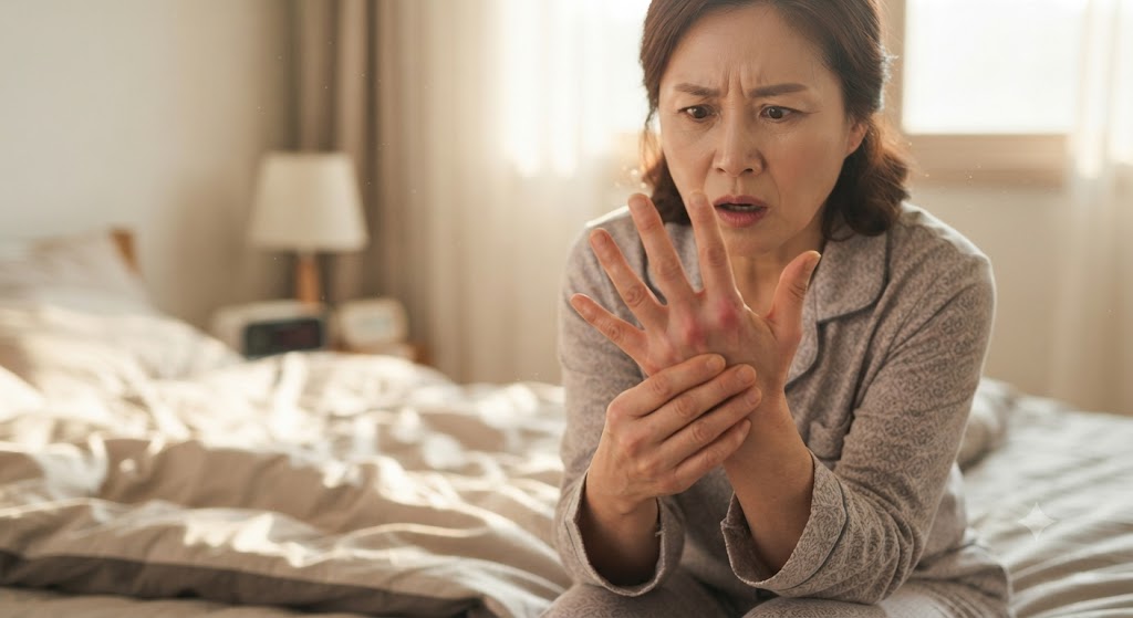 "아침에 자고 일어난 중년 여성이 손가락 마디가 뻣뻣하고 아파서 당황한 표정으로 자신의 손가락을 펴 보는 모습"