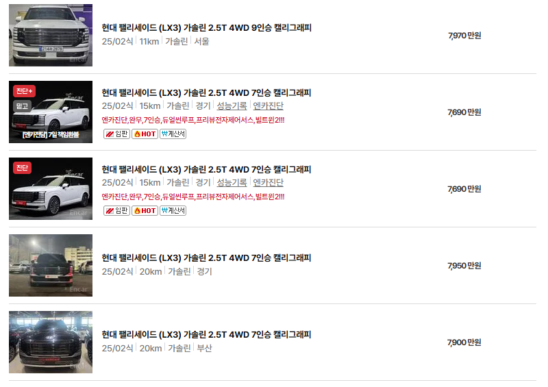 현대 팰리세이드 중고차 가격 시세표 유지비