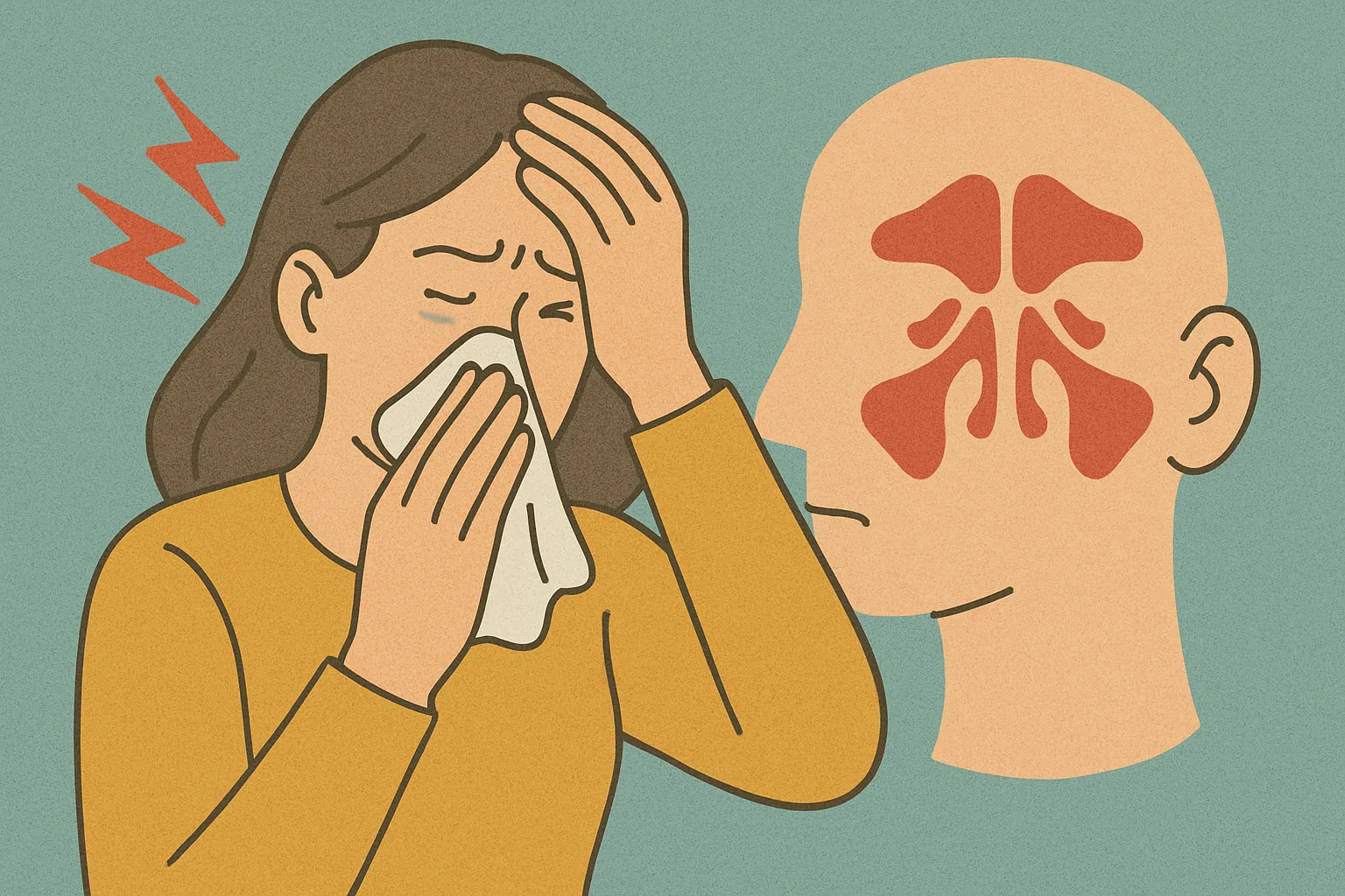 비염으로-코를-막고-두통을-호소하는-여성과-부비동-구조-일러스트