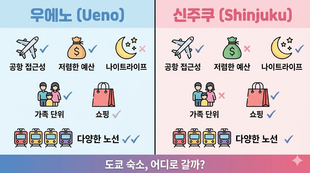우에노 vs 신주쿠 숙소 선택 가이드|초보자도 3분 결정표(2026)