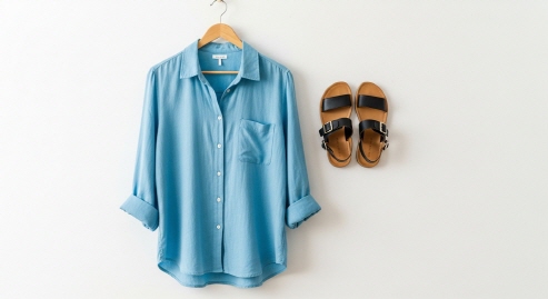 린넨 셔츠와 샌들이 함께 놓인 패션 이미지